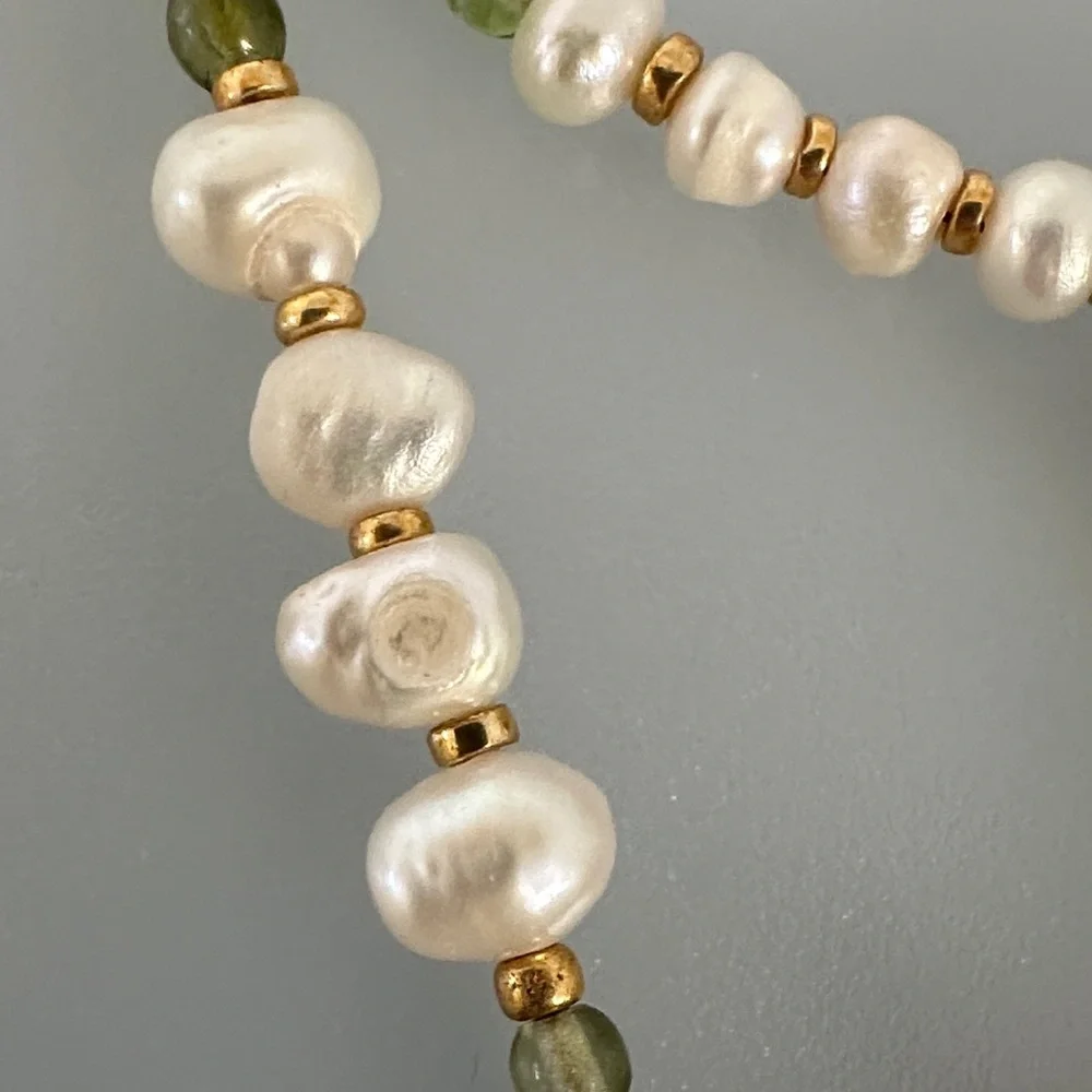 Freshwater Pearl and Green Beaded Necklace with Gold Accents